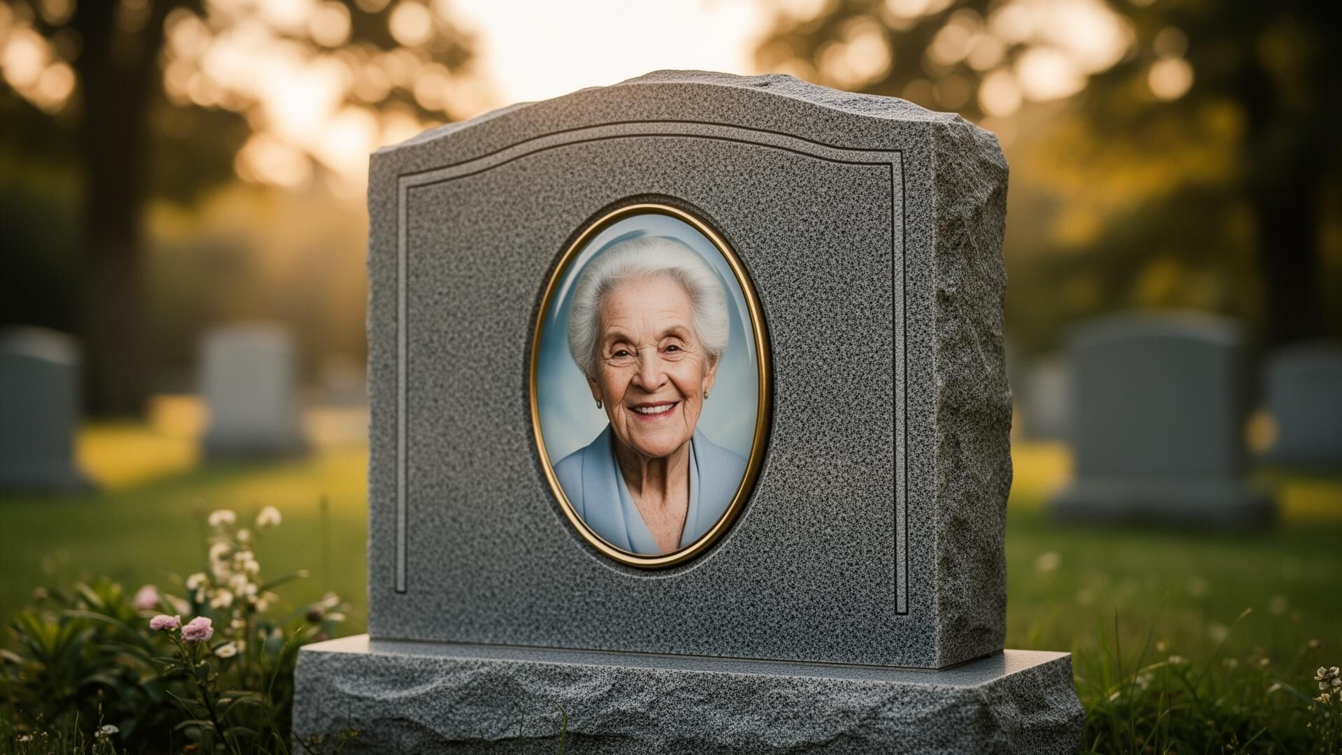 Custom headstone portrait — oval porcelain memorial plaque on a granite grave marker at sunrise